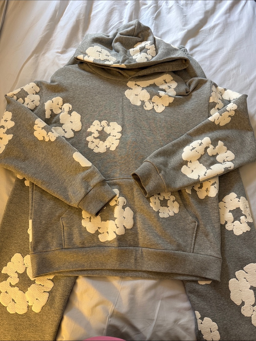 Denim Tears Gray Hoodie with White Floral Print Sweatshirt and Sweatpants